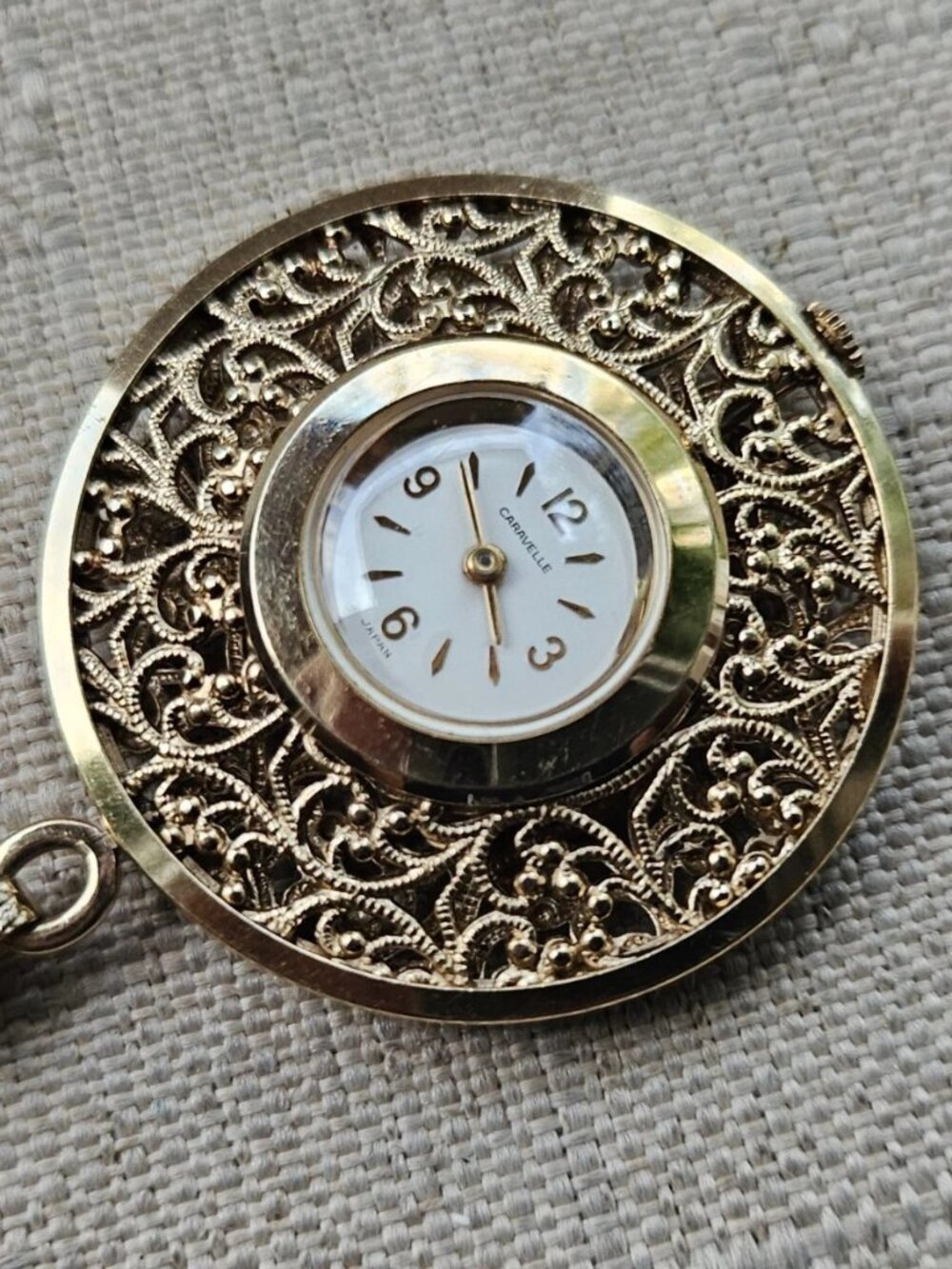 Vintage Caravelle Pocket Watch Gold Tone Watch Necklace Hand Winding Hand